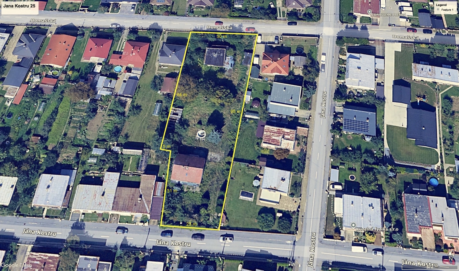 Aerial view with plot outline and approximate dimensions highlighted